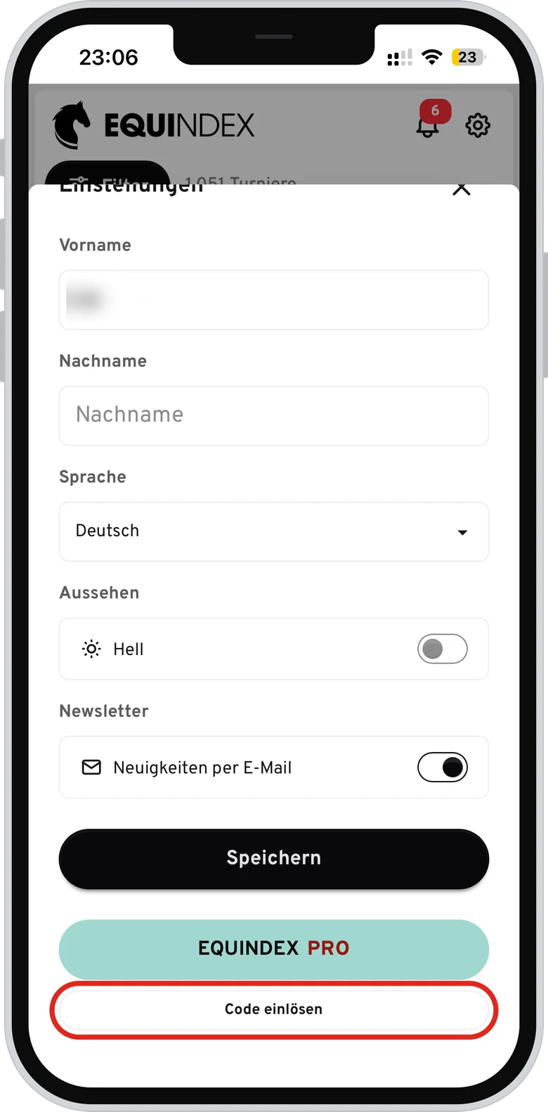 EQUINDEX app settings with the “Redeem offer code” button